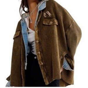 Free People FP ONE Scout Jacket Waffle Knit Ruffled Button Up Green Womens M